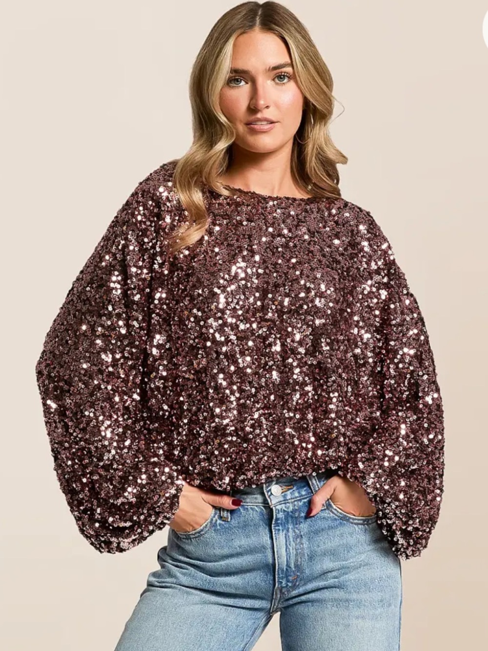 Buckle Sequin Black Rose Dolman Cropped Top (L) En Crème